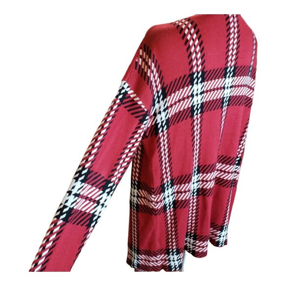 Plaid Cardigan Sweater Size L Black Red Long W No Buttons - Picture 3 of 8